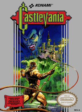 Capa clássica original de Castlevania para o Nintendo Entertainment System (NES) mostrando Simon Belmont empunhando o Vampire Killer