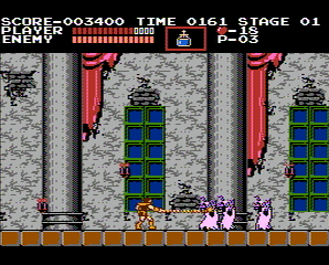 Gameplay de Castlevania original no NES exibindo o confronto contra chefes e o gerenciamento de corações e sub-armas