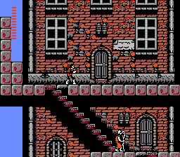 Gameplay de Castlevania II: Simon's Quest mostrando o vilarejo com a mensagem da transição do ciclo dia e noite