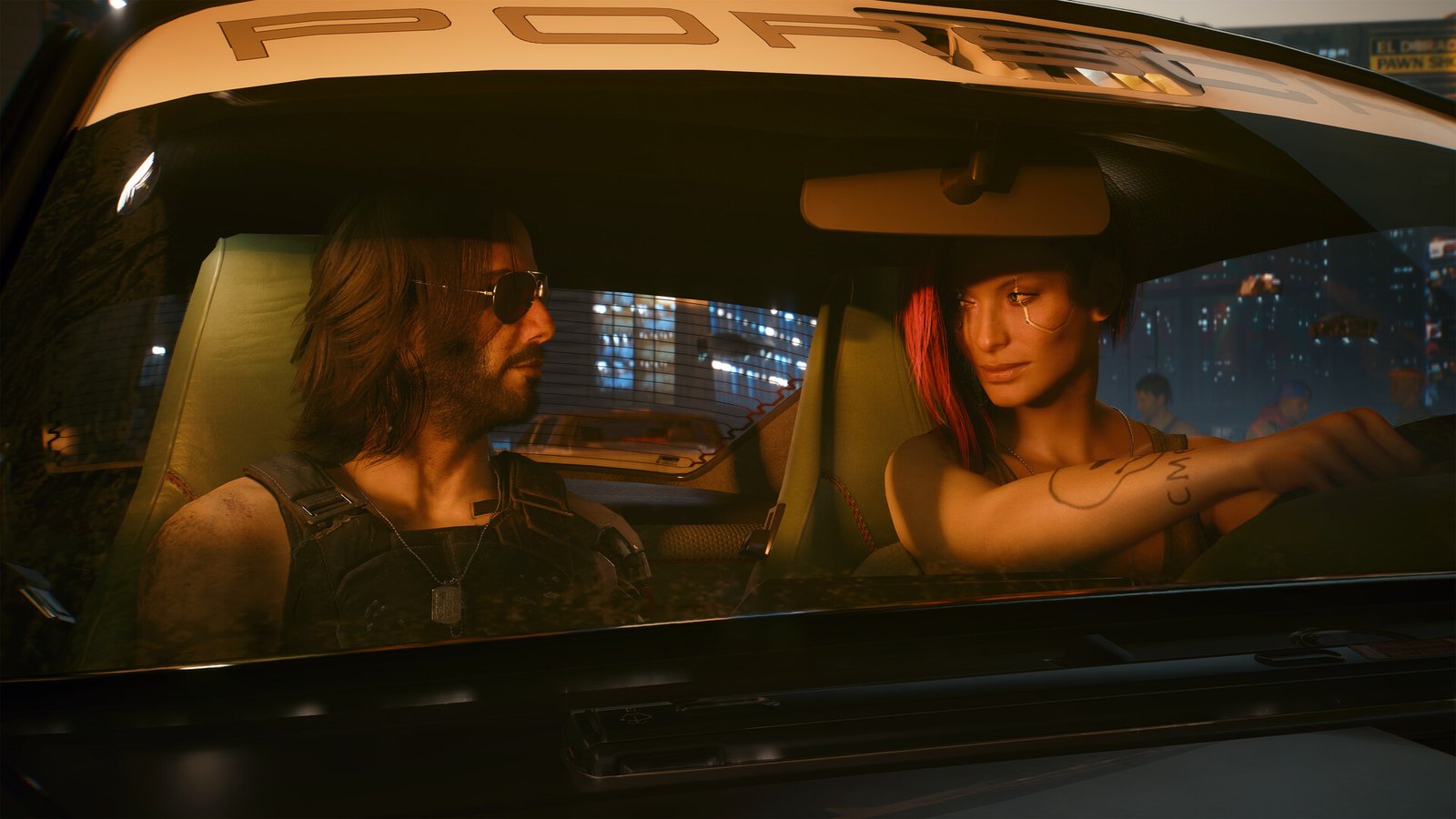 Paisagem urbana noturna de Cyberpunk 2077 com letreiros de neon e reflexos em poças d'água
