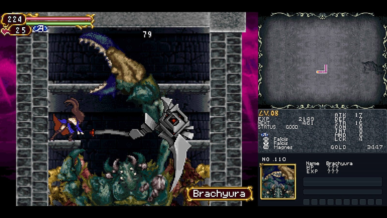Gameplay de Castlevania: Dawn of Sorrow no Nintendo DS mostrando a ação na tela inferior e o mapa em tempo real na superior