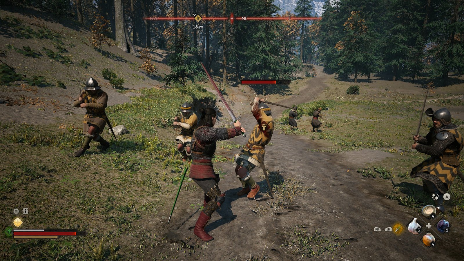 Cena de combate in-game em The Blood of Dawnwalker nas florestas sombrias