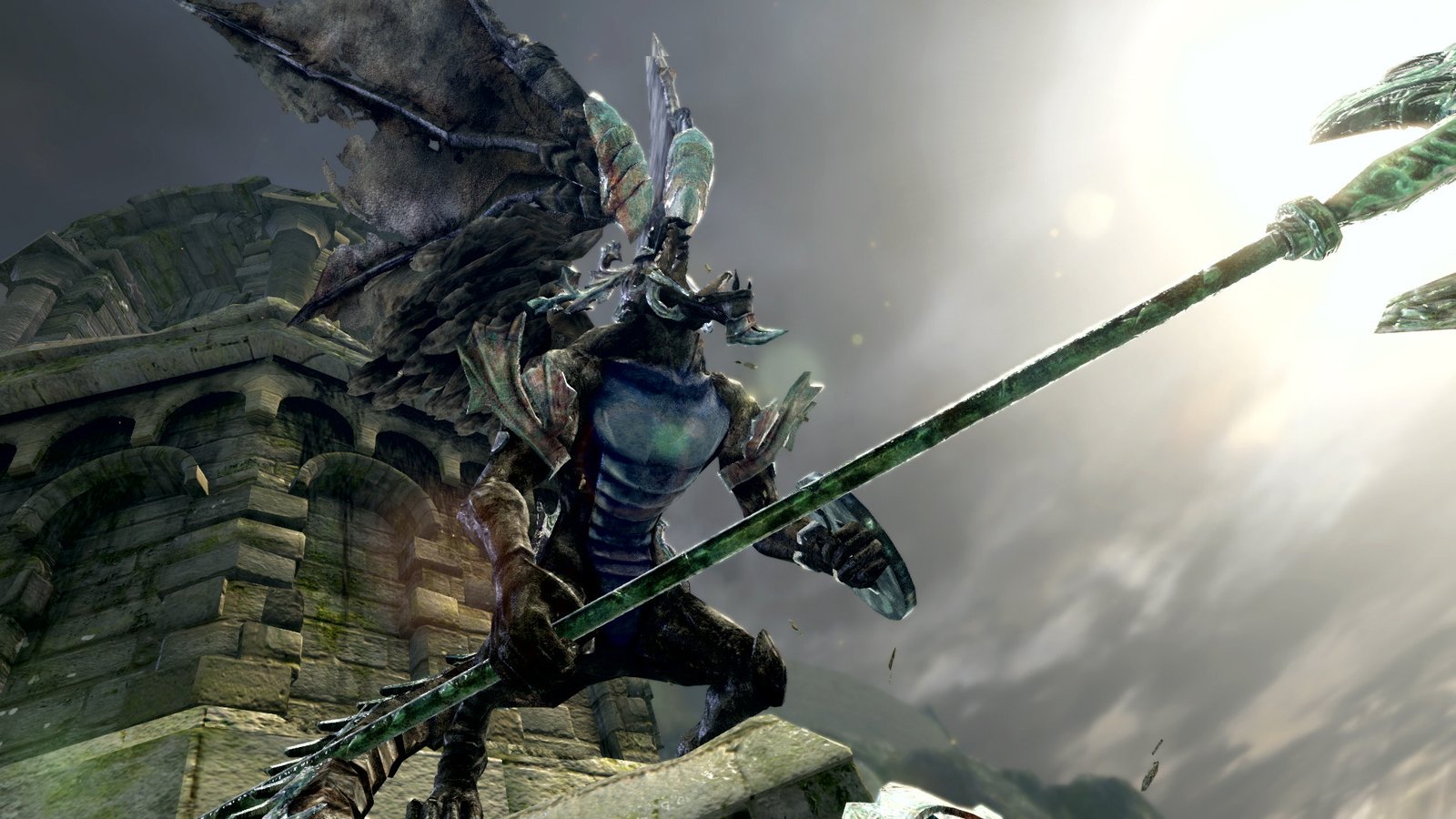 O Cavaleiro Escolhido descansando solitário junto à fogueira em Dark Souls com a espada cravada nas cinzas incandescentes
