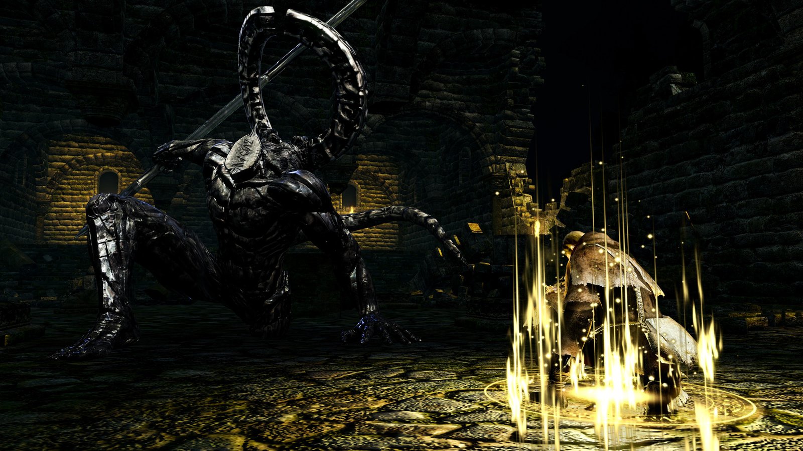 Enfrentamento épico contra criatura monumental em Dark Souls, ilustrando o abismo de escala entre o jogador e as forças cósmicas em declínio