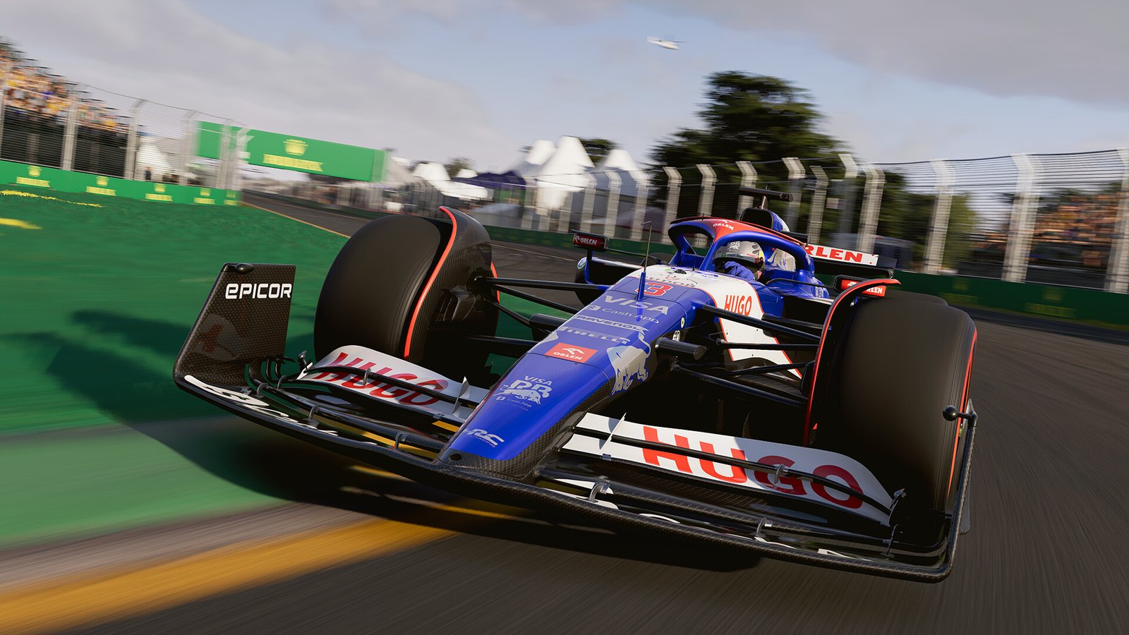 Monoposto de Fórmula 1 em alta velocidade sob chuva intensa no circuito de Mônaco com reflexos volumétricos na pista molhada