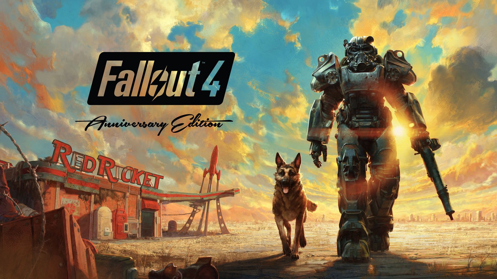 Arte oficial de Fallout com o protagonista em armadura Power Armor T-60 em uma terra devastada
