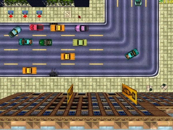 Visão superior do primeiro Grand Theft Auto mostrando ruas de Liberty City e perseguição policial
