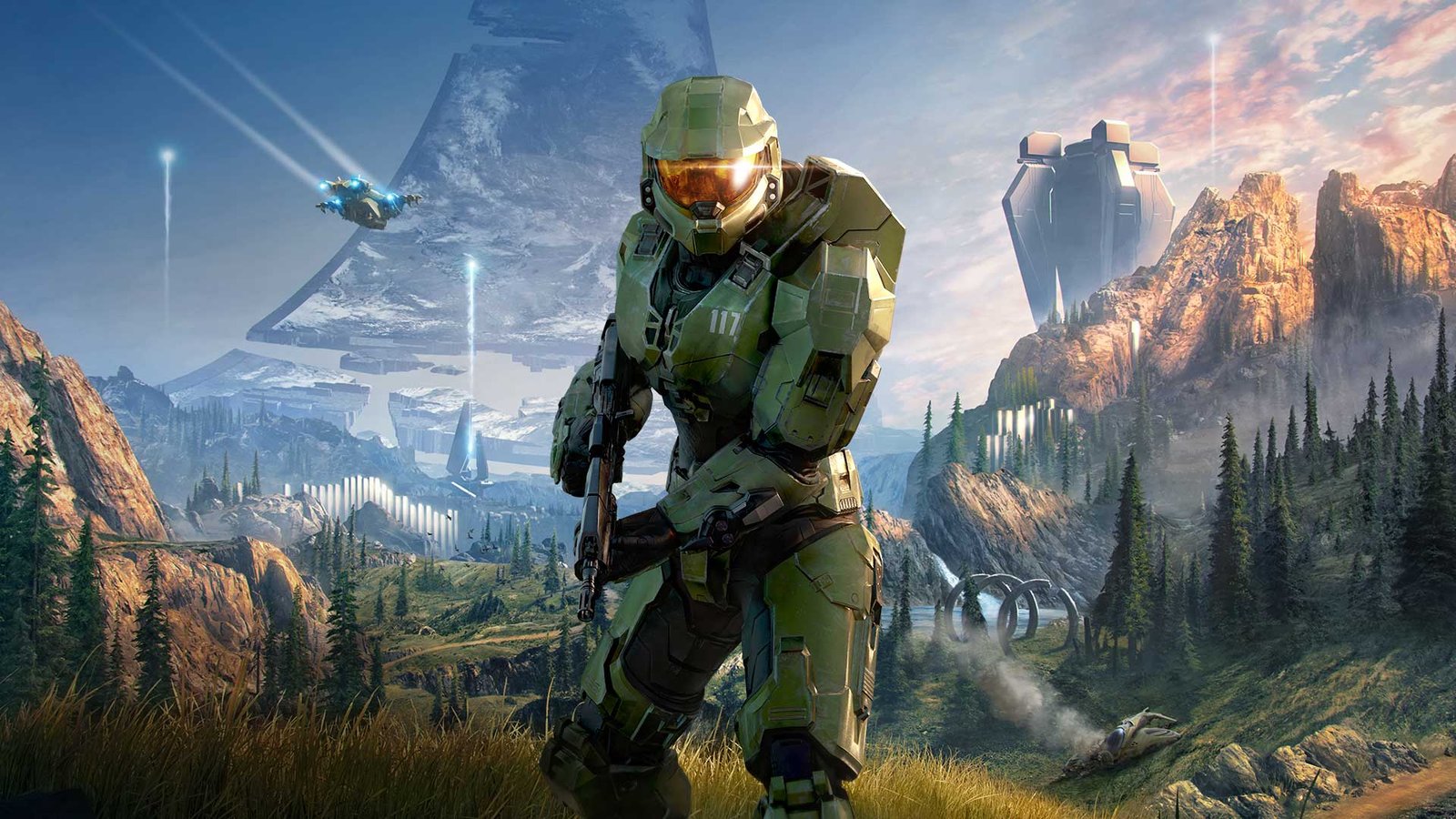 Master Chief observando os anéis de Zeta Halo no horizonte em arte oficial de campanha