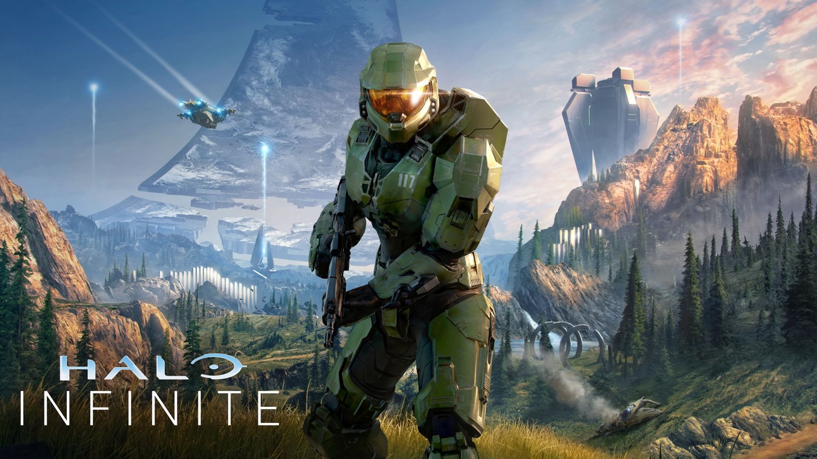 Master Chief em arte promocional oficial de Halo Infinite com seu fuzil de assalto e armadura Mjolnir