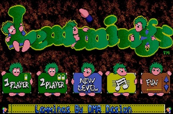 Arte conceitual e personagens do clássico Lemmings marchando em direção a armadilhas