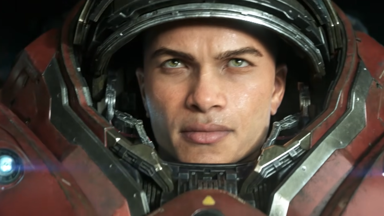 Marine da infantaria Terran encarando o perigo com visor levantado