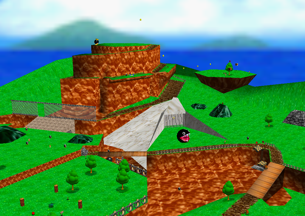 Captura de tela direta de Bob-omb Battlefield com colinas verdes e esferas de ferro rolando pela montanha