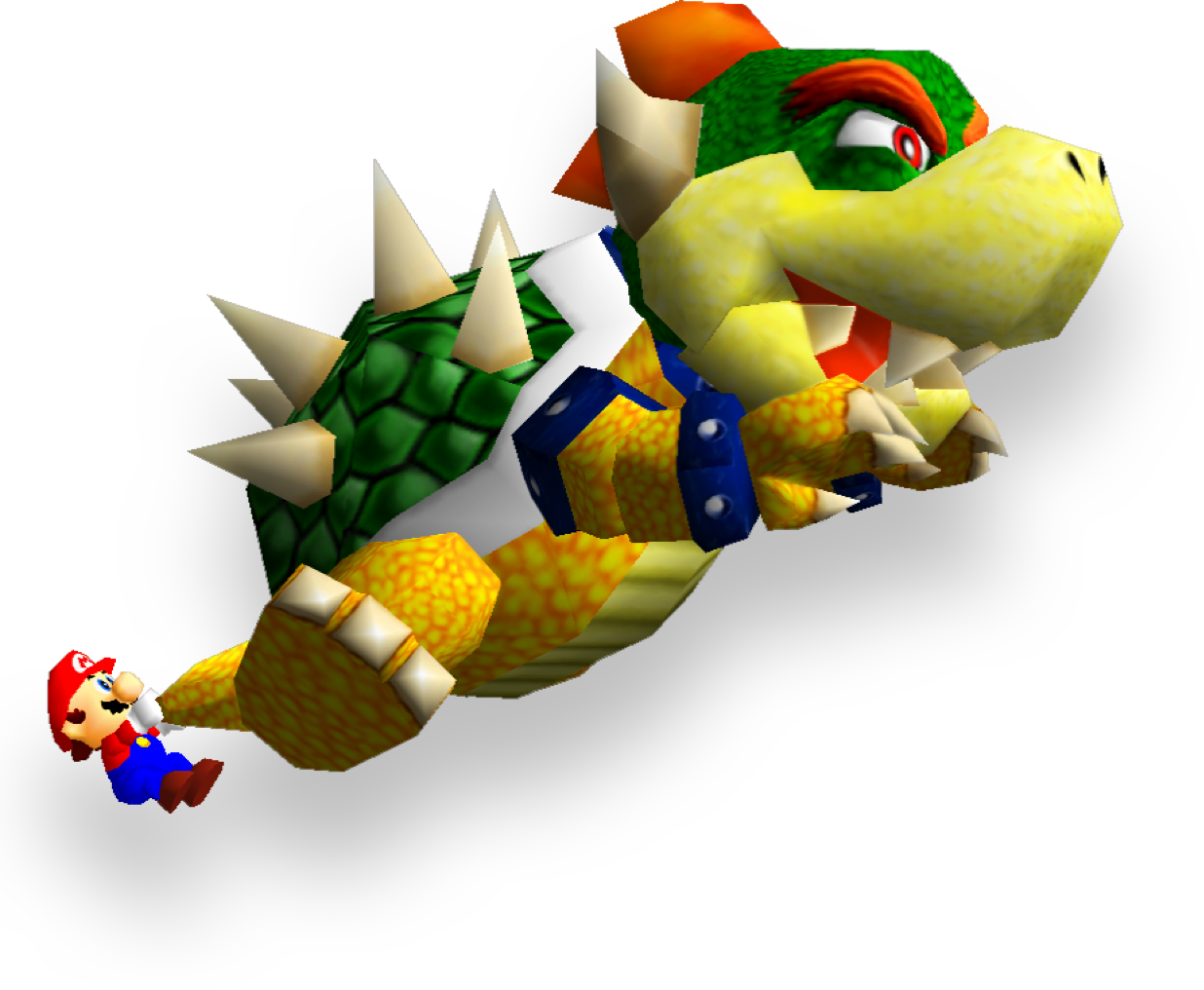 Mario segurando Bowser pela cauda na arena suspensa de Bowser in the Dark World