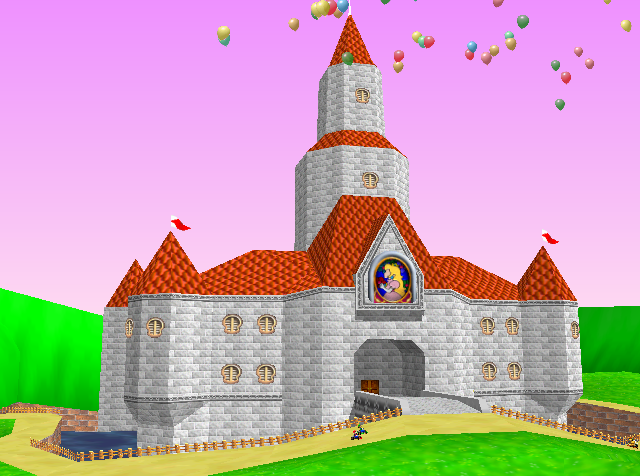 Captura oficial do Castelo da Princesa Peach em Super Mario 64 com o fosso de água e a ponte principal