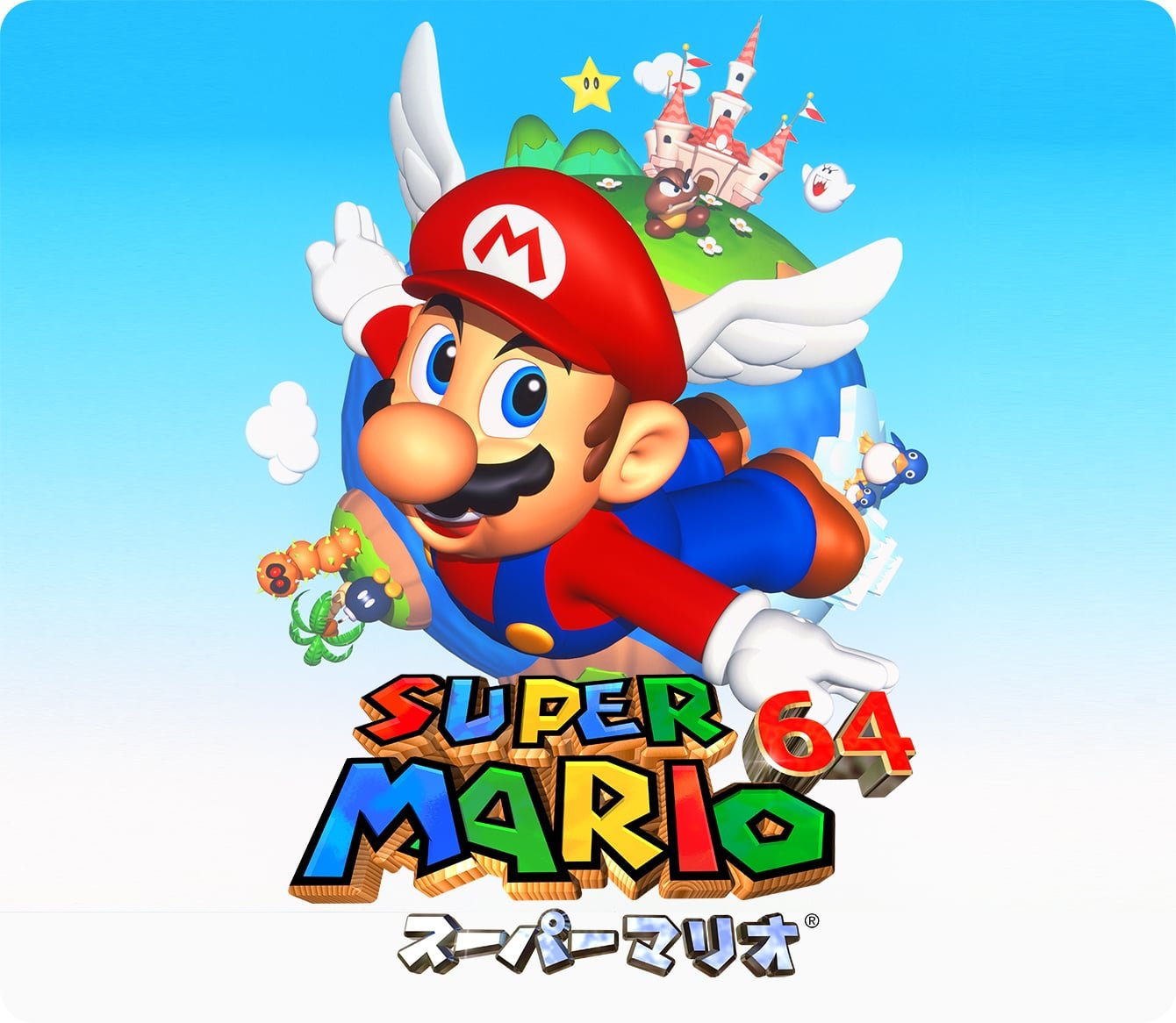 Arte conceitual oficial de Super Mario 64 com Mario voando com a Wing Cap pelos céus do Reino dos Cogumelos