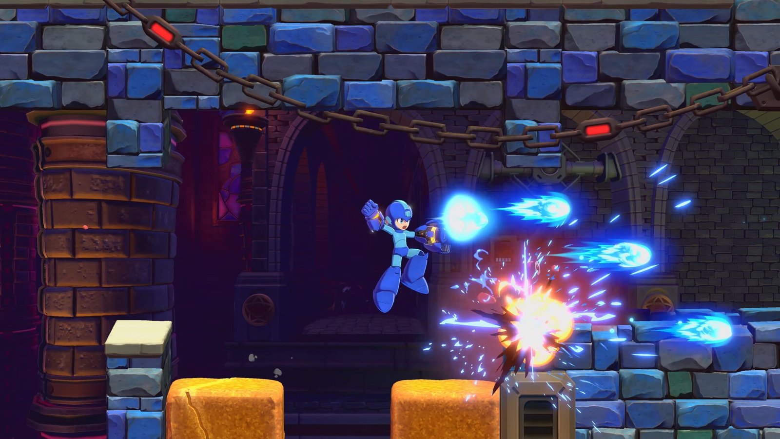Mega Man em modo Override disparando rajada concentrada de tiros em Mega Man: Dual Override