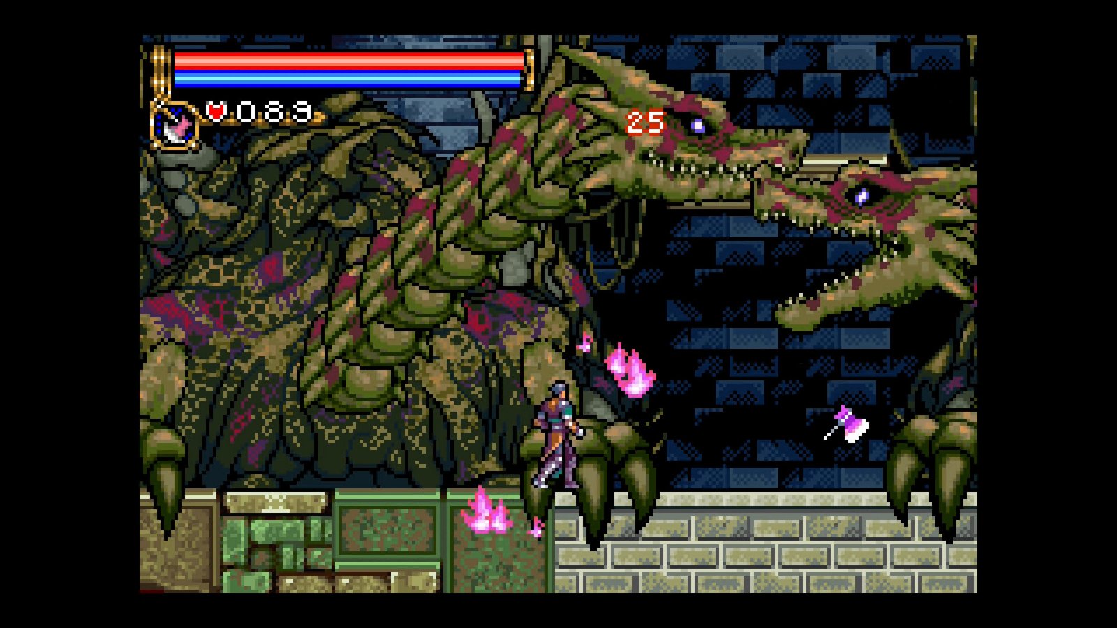 Combate em Castlevania: Aria of Sorrow com Soma Cruz absorvendo almas táticas