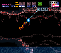 Samus Aran utilizando o Grapple Beam em Super Metroid no Super Nintendo
