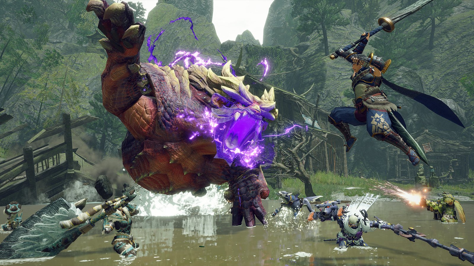 Captura oficial de gameplay de Monster Hunter Rise exibindo combate dinâmico contra monstros gigantes com o Cabínseto