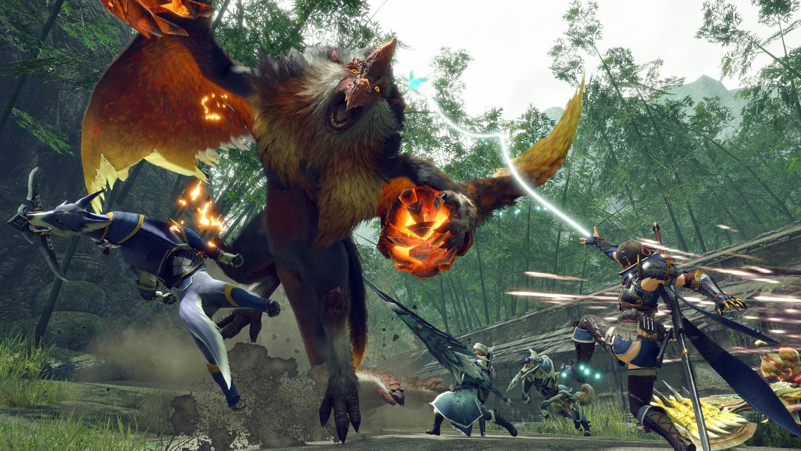 Gameplay de combate em Monster Hunter Rise demonstrando habilidades aéreas com Cabínseto contra monstros voadores