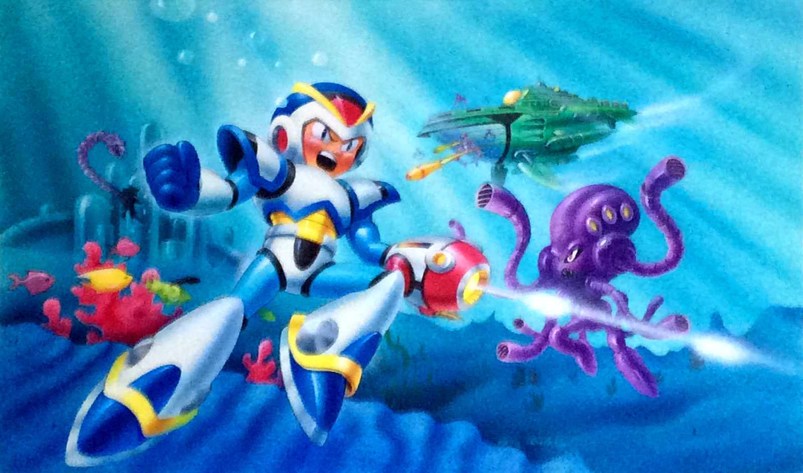 Ilustração oficial de Mega Man X empunhando o X-Buster com a armadura original de 1993