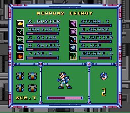 Menu oficial de seleção dos 8 Mavericks em Mega Man X no Super Nintendo