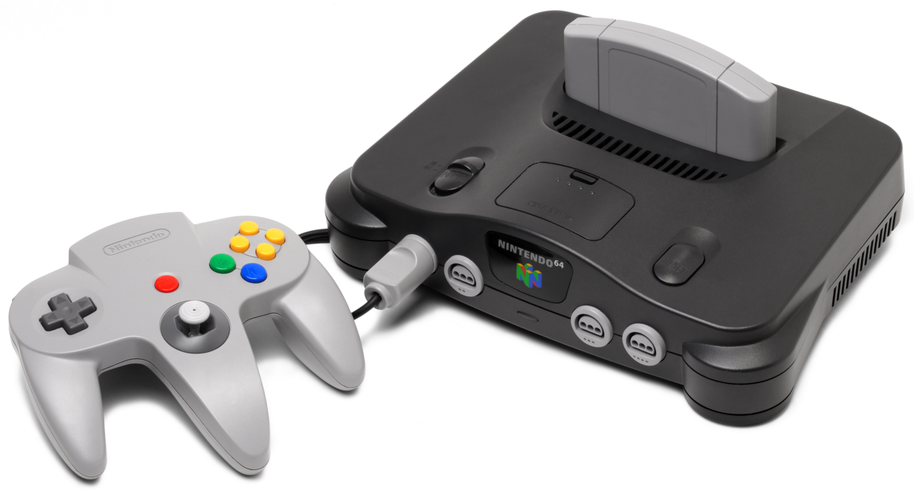 Console oficial Nintendo 64 com o lendário controle tridente cinza e cartucho