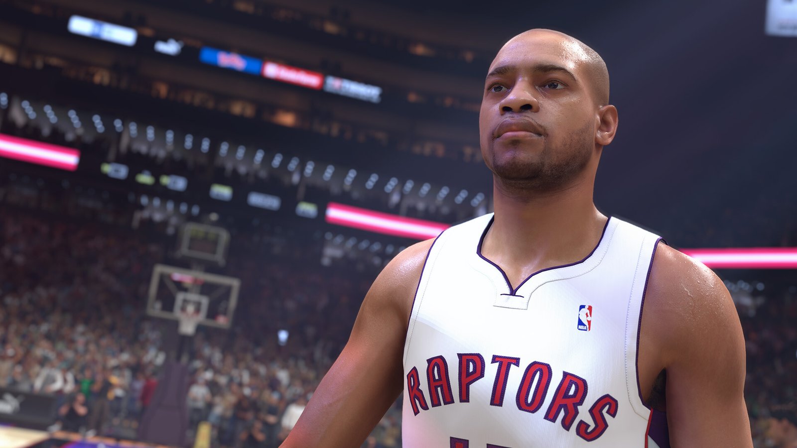 Visão geral da quadra em NBA 2K27 exibindo reflexos realistas de holofotes e texturas de madeira polida