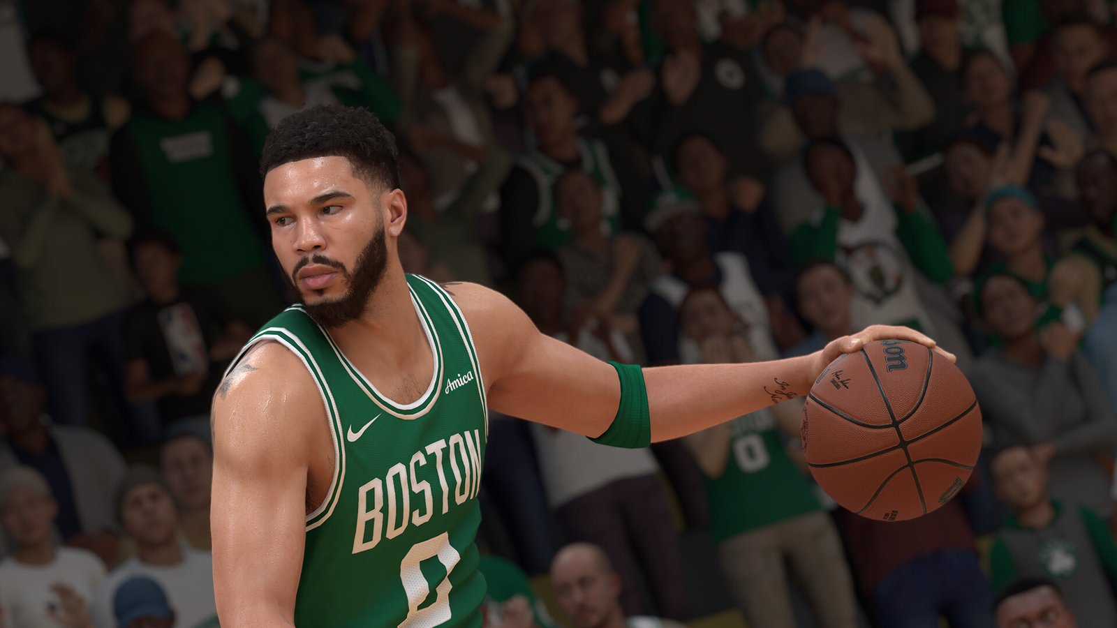Captura oficial direct-feed de NBA 2K27 com jogador executando enterrada sob iluminação dinâmica de refletores