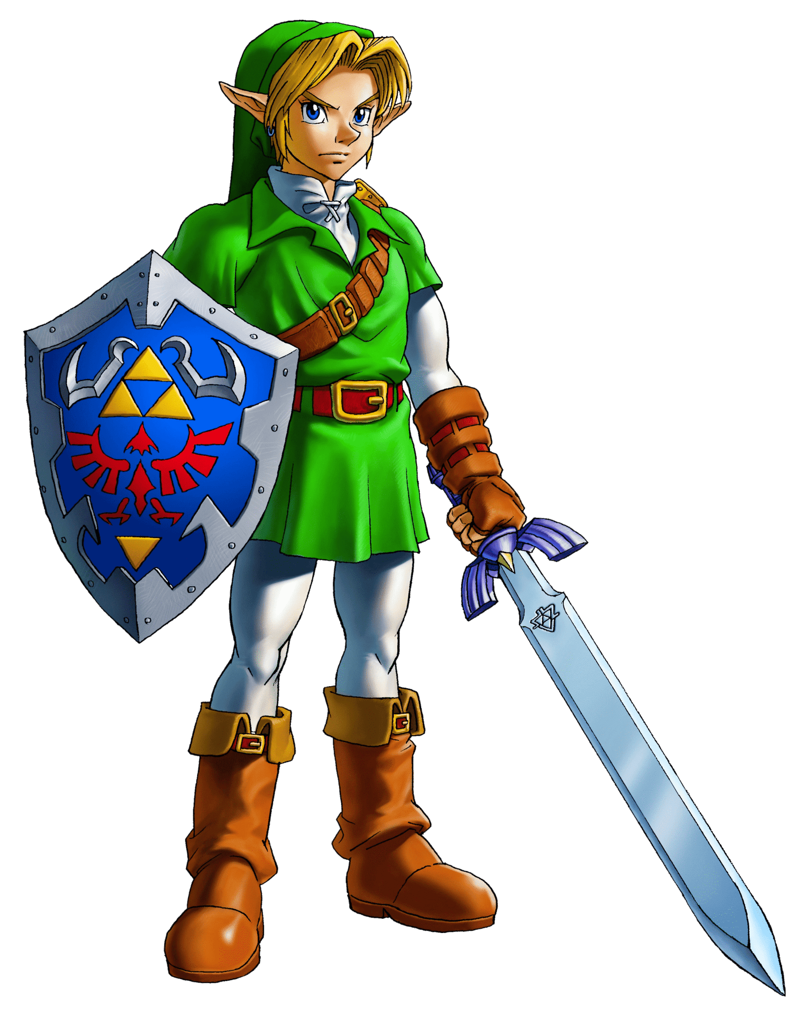 Link Adulto em pose oficial segurando a lendária Master Sword e o Hylian Shield