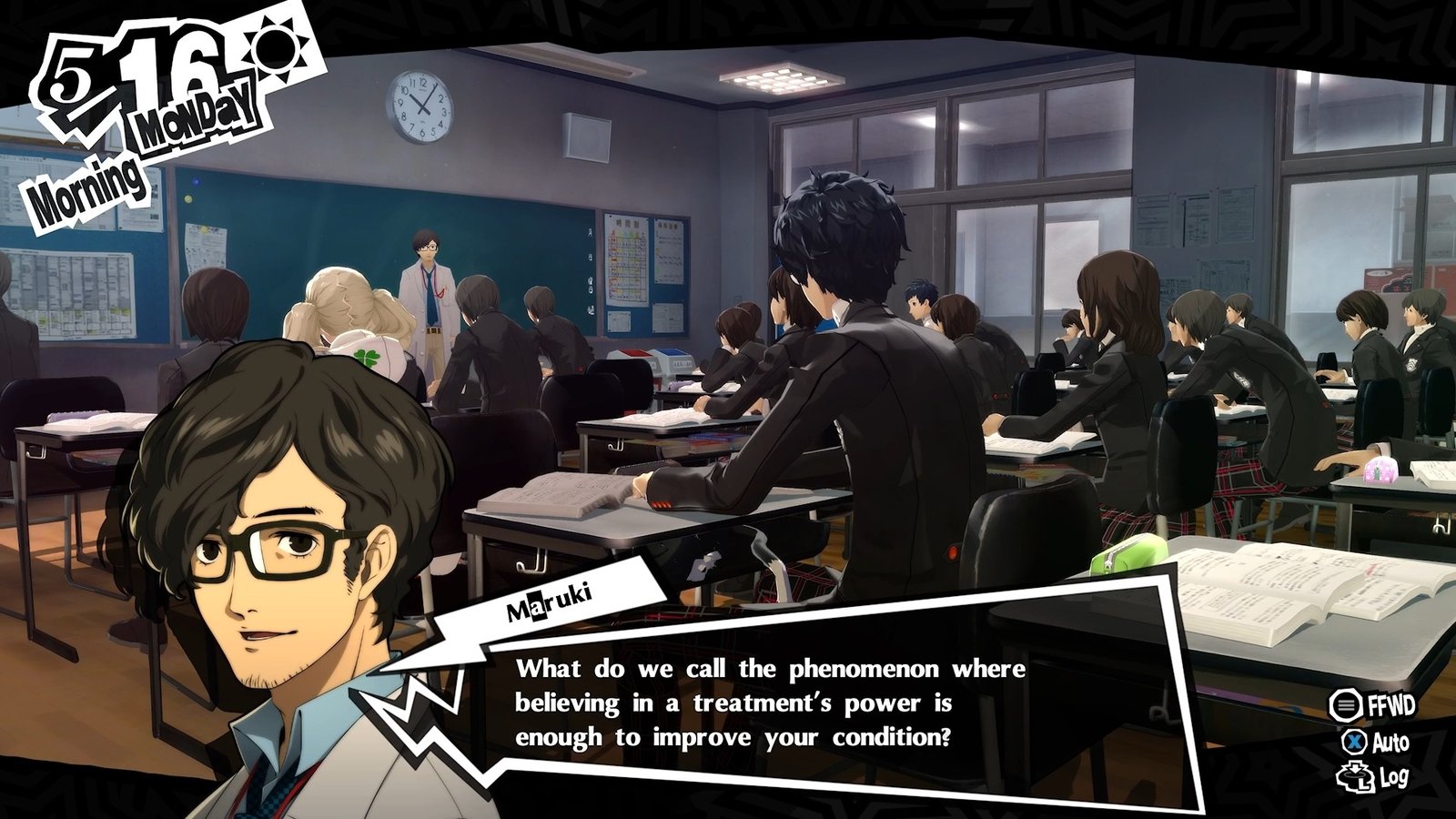 Captura de tela oficial de Persona 5 demonstrando a interface de combate dinâmica e os comandos de ação mapeados