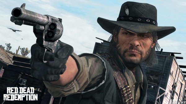 John Marston empunhando seu revólver sob o pôr do sol no deserto de Red Dead Redemption