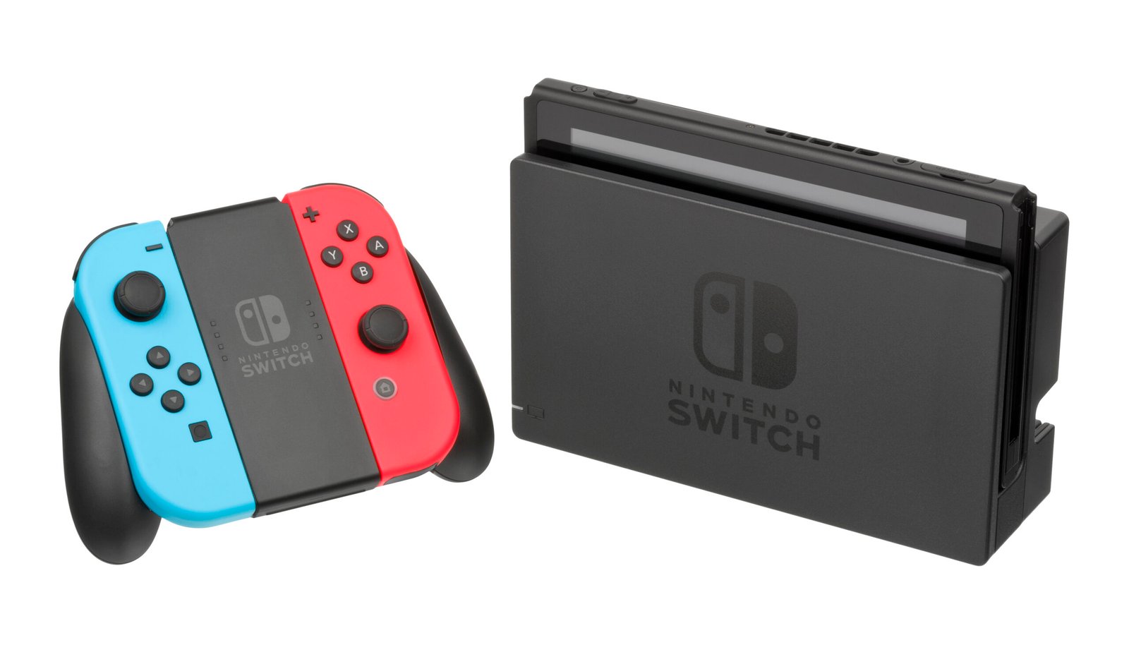 Console Nintendo Switch oficial acoplado ao dock com Joy-Cons azul e vermelho neon