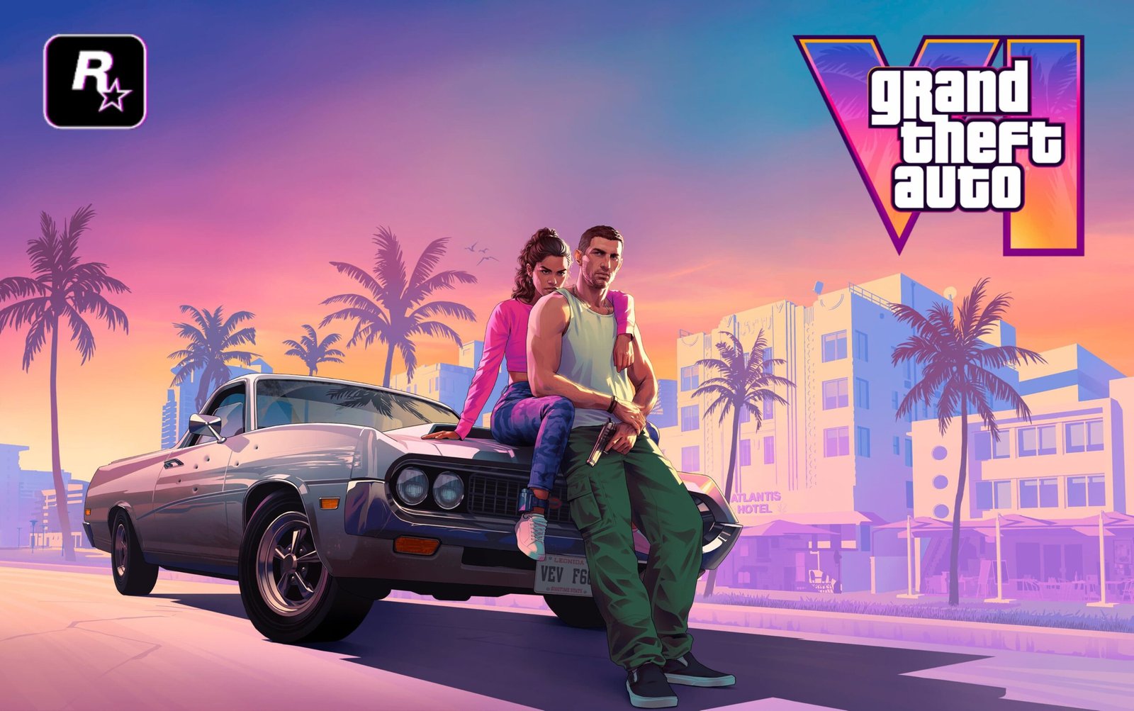 Arte conceitual oficial de Grand Theft Auto VI destacando Lucia e Jason com o horizonte de Vice City ao fundo