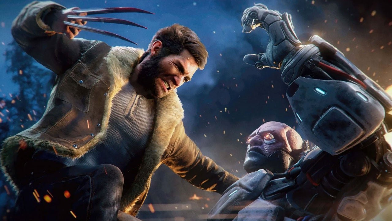 Logan desferindo golpe fatal com garras de adamantium em soldado cibernético dos Carniceiros em Marvel's Wolverine