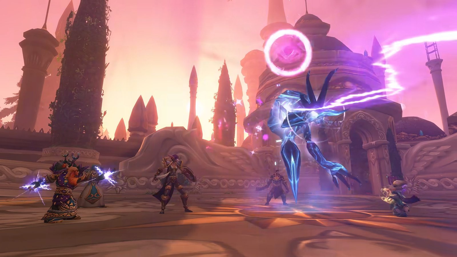 Captura oficial de jogabilidade direta de World of Warcraft: Forever com grupo de heróis enfrentando monstros colossais em ruínas élficas