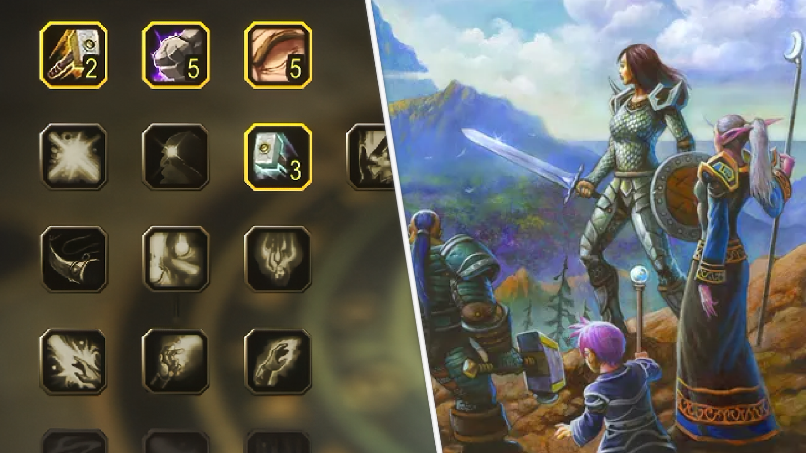 Divisão visual entre a clássica arte de anúncio de WoW e a nova árvore de talentos retrabalhada